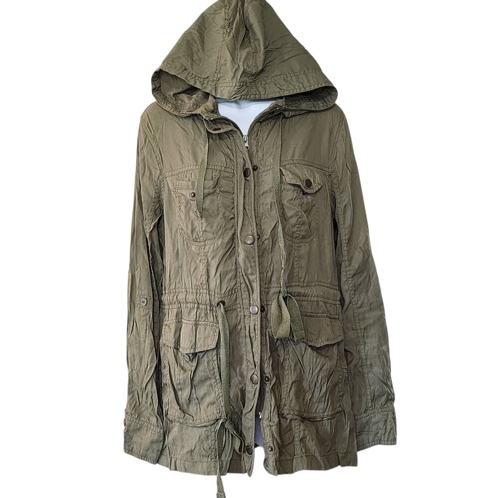 2b bebe Womens Lightweight Army Jacket Size M Green Hooded Zip Snap Front